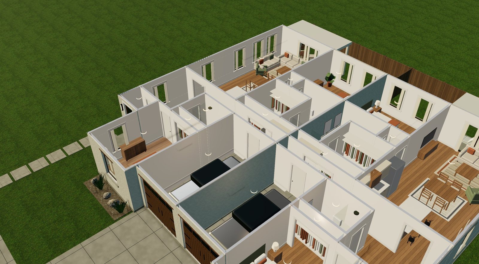 A cutaway 3D view of a furnished single-family home