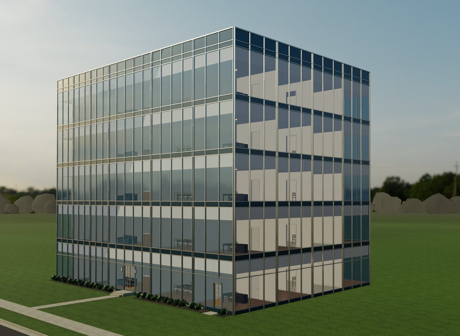 A four-story office building with a blue glass curtain wall and silver mullions