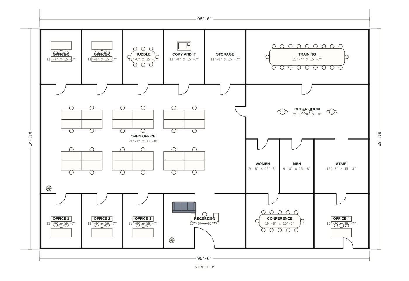 The same office drafted as a scaled TI plan with rooms, doors, furniture and dimensions